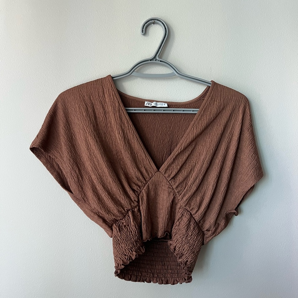 S | Brown V-Neck Women's Crop Top | Zara